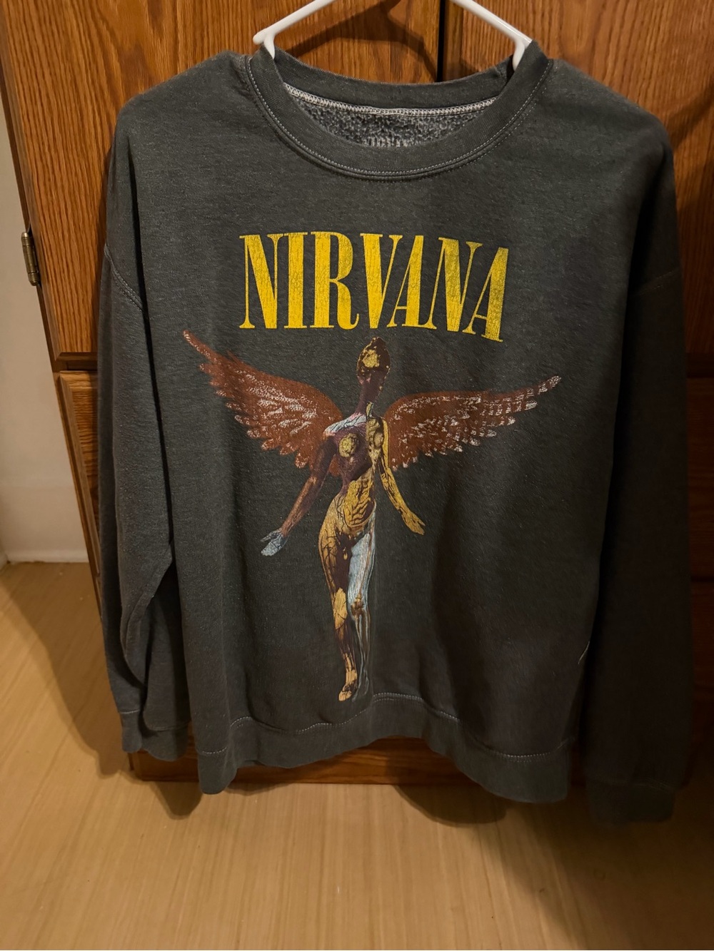 NIRVANA Dark Gray Crewneck Sweatshirt with Yellow Logo and Multicolor Angel